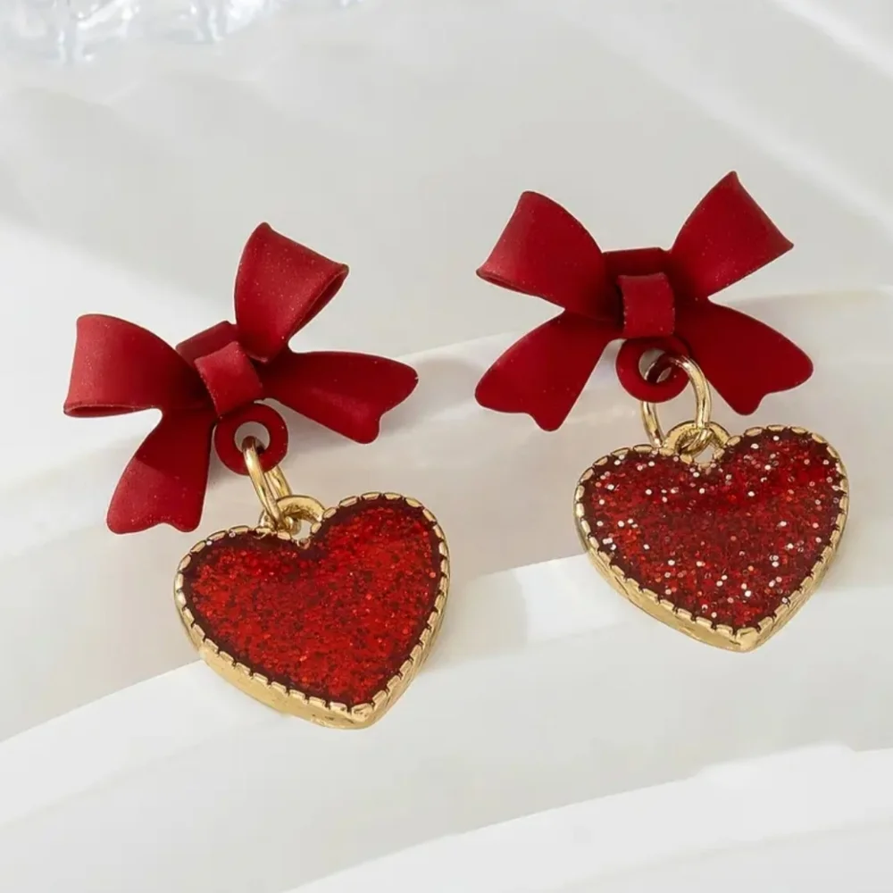 Red Heart & Bow Earrings Sparkling Alloy Gold Plated‎
